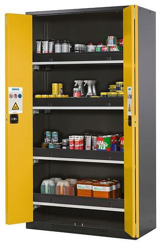 asecos Chemikalienschrank Systema-T CS-104F, Korpus anthrazit, Falttüren gelb, inkl. 4 Tablarauszüge, 202711