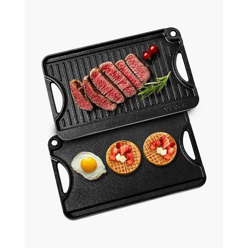 VEVOR wendbare Gusseisen-Grillplatte 185x342 mm, BBQ-Pfanne mit Griff, für drinnen/draußen, schwarz, SMJP1385INCHRT8J1V0