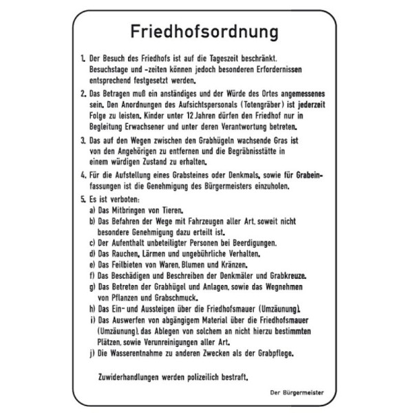 Stein HGS Friedhof- und Kirchenschild 'Friedhofsordnung', 600 x 900 mm, Alform 2 mm, kf108007460