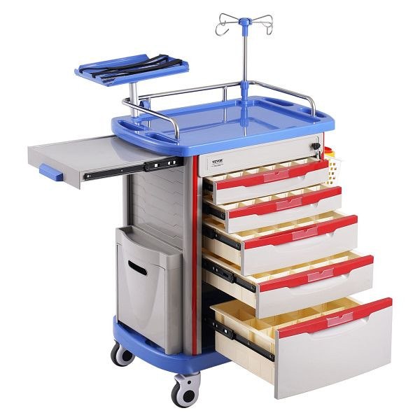 VEVOR Laborwagen Medizinischer Wagen, 5 Schubladen 2 Mülleimer Blau Servierwagen, SYSTCECKFLS4VNN2DV2