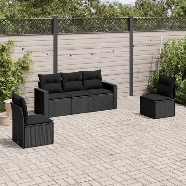 vidaXL 5-tlg. Garten-Sofagarnitur mit Kissen Schwarz Poly Rattan, 3218775