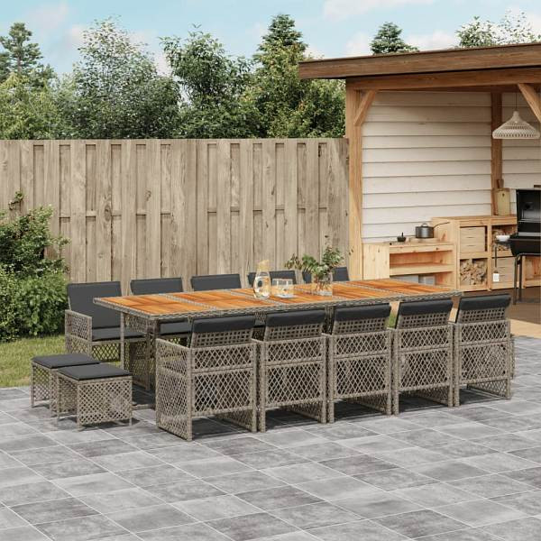 vidaXL 15-tlg. Garten-Essgruppe mit Kissen Grau Poly Rattan, UV-beständig, 3210818
