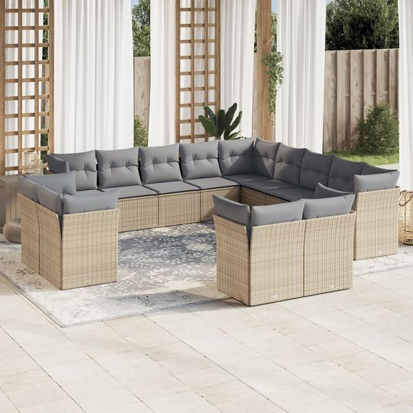 vidaXL 13-teilig Garten-Sofagarnitur mit Kissen Beige Poly Rattan, 3250388