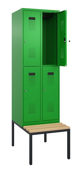 C+P Doppelstock-Spind Evolo PLUS, Bank, 4 Fächer, 2120x600x815mm, 6037/6037, Zylinderschloss, Sitzfläche Buche-Hartholz, Sitzbank, 0493507-20 S10053