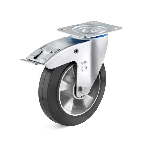 Torwegge Elastik-Vollgummi Lenkrolle mit Doppelstopp, Tragfähigkeit 400 kg, Rad-Ø 200 mm, Radbreite 50 mm, Ausladung 54 mm, 0029685