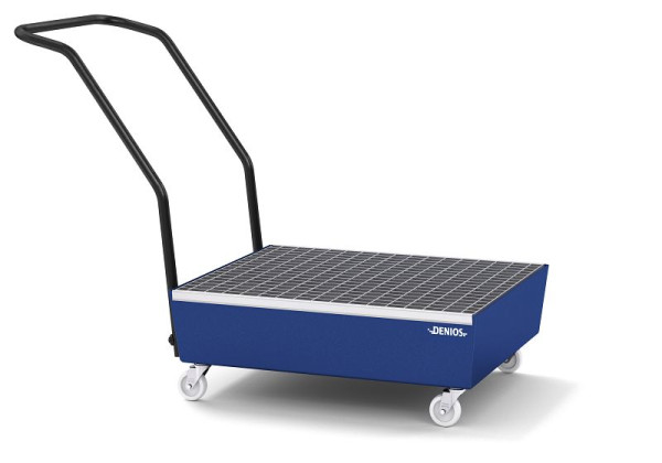 DENIOS Fahrbare Kleingebindewanne aus Stahl, 65 Liter Auffangvolumen, 1275 x 635 x 890 mm, mit Gitterrost, 328398