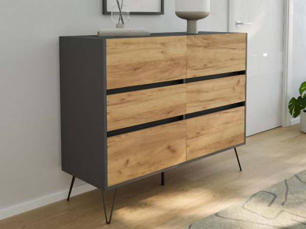 Posseik Sideboard Industrial M 120cm 6 Schubladen Grafit/Eiche Front, PN2090X0000019DE