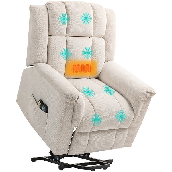 HOMCOM Powerlift-Sessel, Massagesessel mit Wärmefunktion, Polstersessel mit Fußstütze, Seitentasche, Stoffbezug, Beige, 713-197V90BG