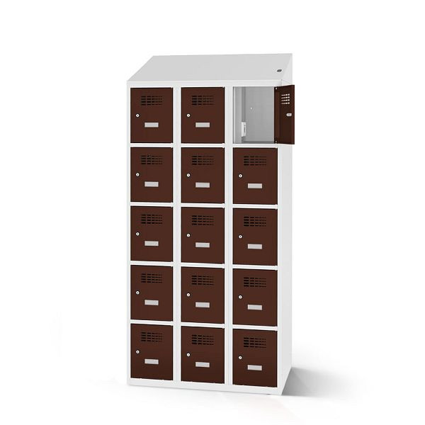 Rotstahl Fächerschrank, 15 Fächer, kurzer Sockel, mit Ladefunktion, Schrägdach, Korpus: lichtgrau, Türen: mahagoni, 2180-030500-0901112-7035-8016