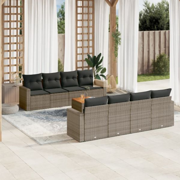 vidaXL 9-tlg. Garten-Sofagarnitur mit Kissen Grau Poly Rattan, 3256375