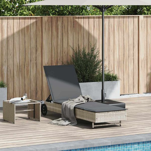 vidaXL Sonnenliege mit Rollen und Auflage Hellgrau Poly Rattan, 4104038