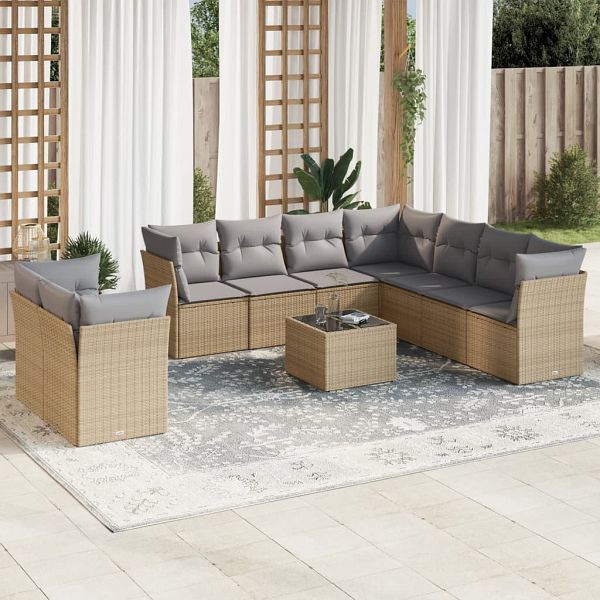 vidaXL 10-tlg. Garten-Sofagarnitur mit Kissen Beige Poly Rattan, 3249688