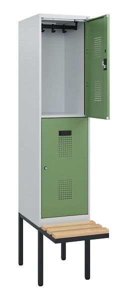 C+P Doppelstock-Spind Evolo PLUS, Bank, 2 Fächer, 1950x400x815mm, 7035/6011, Zylinderschloss, Sitzfläche Buche-Hartholz, 0493405-12 S10187