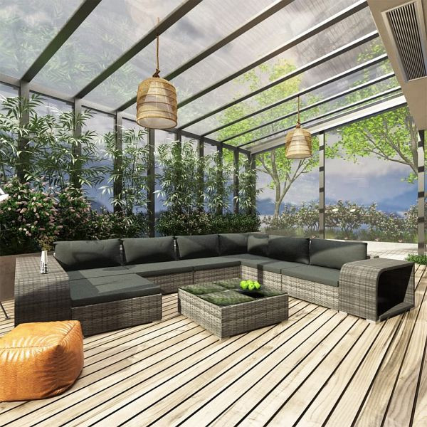vidaXL 10-teilig Garten-Lounge-Set mit Auflagen Poly Rattan Grau, 48309