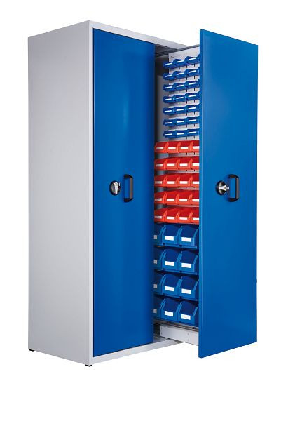 Kappes RasterPlan Zugwagenschrank Mod 7, 2000 x 1100 x 600 mm, 7035/5010, 2 Auszüge, 1 Auszug einseitig bestückt mit Lagersichtkasten, 1910.03.0216