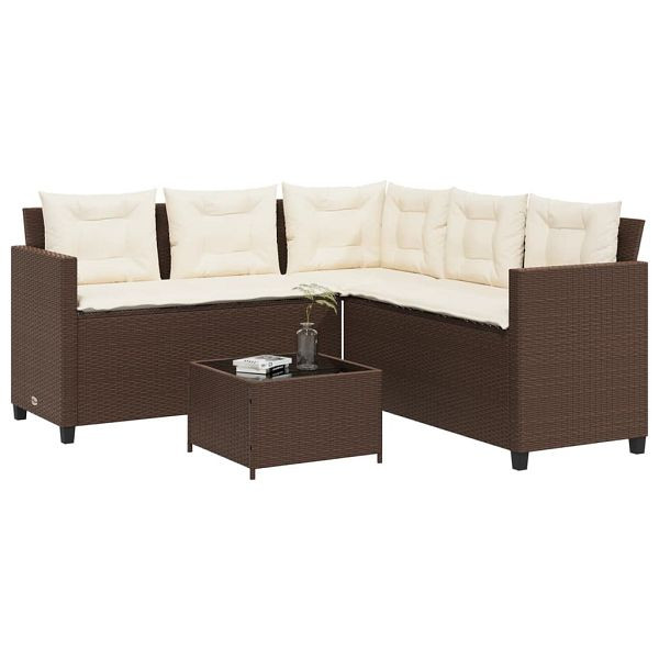vidaXL Gartensofa in L-Form mit Tisch und Kissen Braun Poly Rattan, 369040