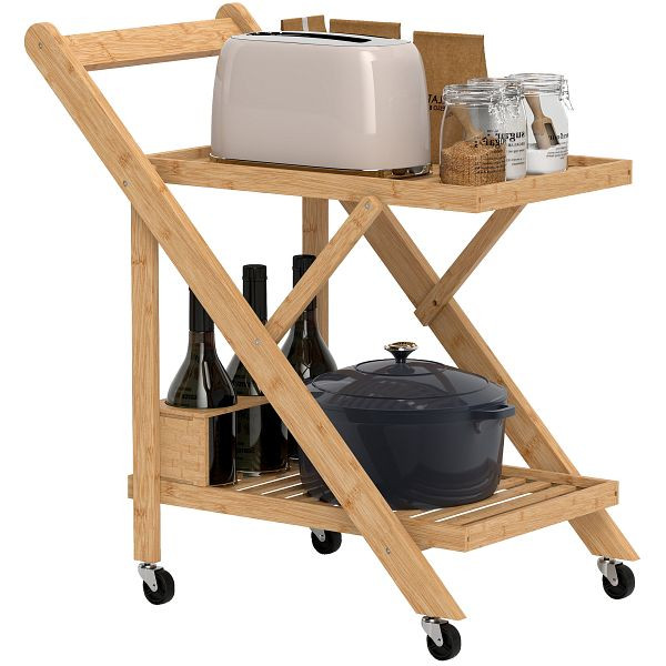 HOMCOM Küchenwagen auf Rädern, Servierwagen mit 3 Weinregalen, 2 Tabletts, für Küche, Esszimmer, Bambusholz, Hellbraun, 801-383V00ND