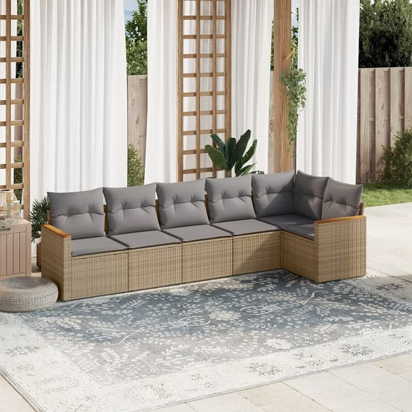 vidaXL 6-teilig Garten-Sofagarnitur mit Kissen Beige Poly Rattan, 3225989