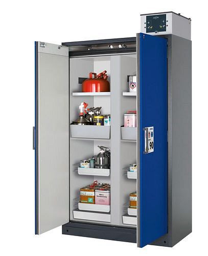 asecos Feuerbeständiger Gefahrstoffschrank Select, Mittelwand, mit Einlegeböden, Auszugswannen, blau, 266858