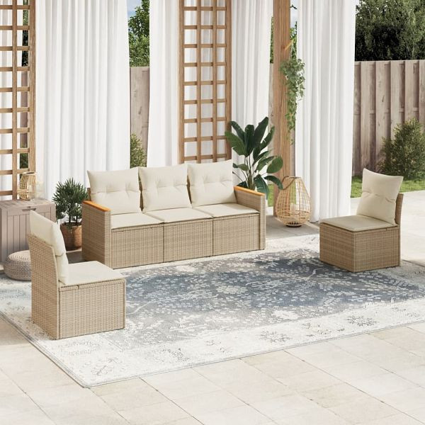 vidaXL 5-teilig Garten-Sofagarnitur mit Kissen Beige Poly Rattan, 3225848