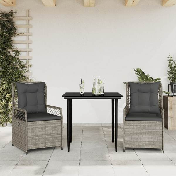 vidaXL 3-tlg. Garten-Essgruppe mit Kissen Hellgrau Poly Rattan, UV-beständig, 3263027