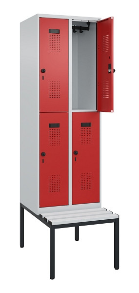 C+P Doppelstock-Spind Evolo PLUS, Bank, 4 Fächer, 2120x600x815mm, 7035/3000, Drehriegel, Sitzfläche Kunststoff, Sitzbank, 0493507-20 S10084