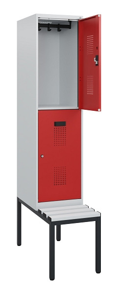 C+P Doppelstöckiger Spind Evolo PLUS, Bank, 2 Fächer, 1950x400x815mm, 7035/3000, Zylinderschloss, Sitzfläche Kunststoff, Sitzbank, 0493505-12 S10138