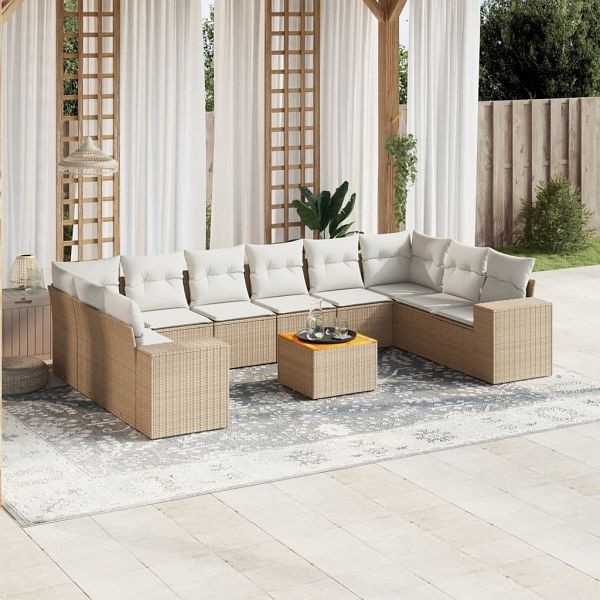 vidaXL 11-teilig Garten-Sofagarnitur mit Kissen Beige Poly Rattan, 3257948