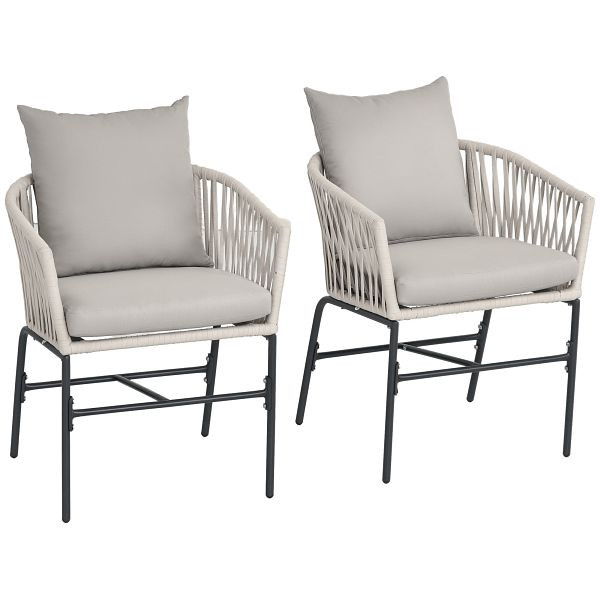 Outsunny Terrassenstuhl 2er-Set, Boho-Stil, bequeme Sitzschale, Sitzauflagen, waschbarer Bezug, Metallrahmen, Beige, 84G-344V00GY