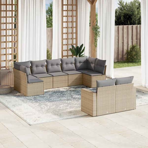 vidaXL 9-tlg. Garten-Sofagarnitur mit Kissen Beige Poly Rattan, 3219409