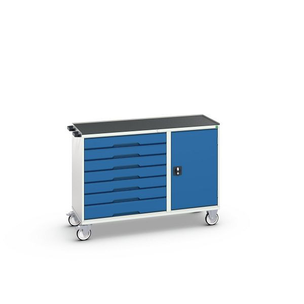 bott verso Montagewagen, mit 7 Schubladen, Tür und Abrollrand, BxTxH: 1300 x 550 x 965 mm, Lichtgrau / Enzianblau, 16927158.11