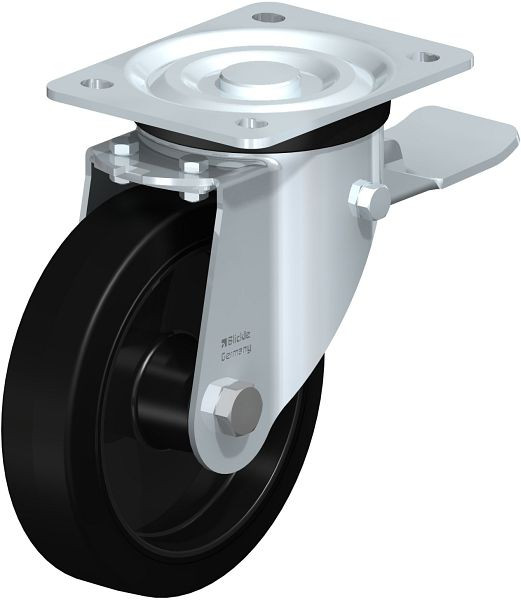 Blickle L-POEV 161R-ST Stahlblech-Lenkrolle, mittelschwere Ausführung, mit Anschraubplatte & Feststeller, Elastik-Vollgummi, Schwarz, 850591