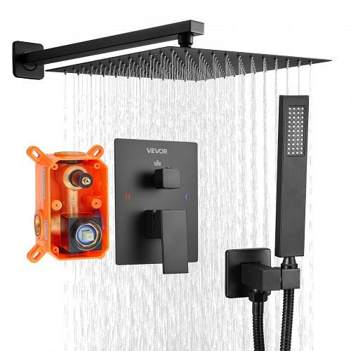 VEVOR Regenduschsystem mit 305 mm quadr. Kopf & Handbrause, mattschwarz, Wandmontage, Messingventil & Zierset, BGSAZDPHSZHYZUL4D001V0