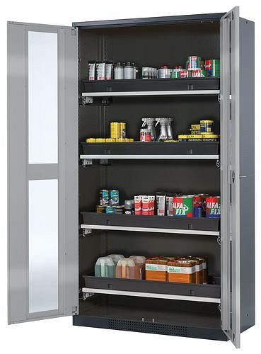asecos Chemikalienschrank Systema-T CS-104G, Korpus anthrazit, Flügeltüren silber, 4 Tablarauszüge, 202692