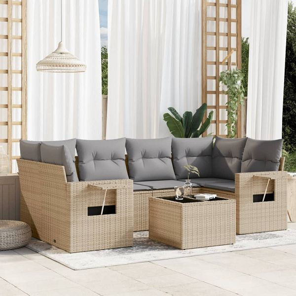 vidaXL 7-teilig Garten-Sofagarnitur mit Kissen Beige Poly Rattan, 3252256