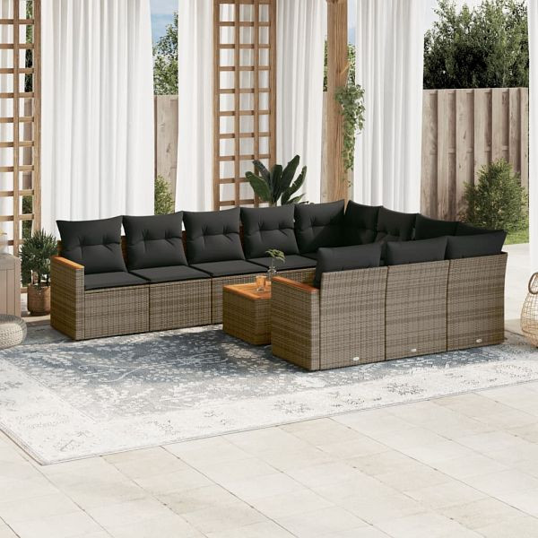 vidaXL 11-tlg. Garten-Sofagarnitur mit Kissen Grau Poly Rattan, 3226347
