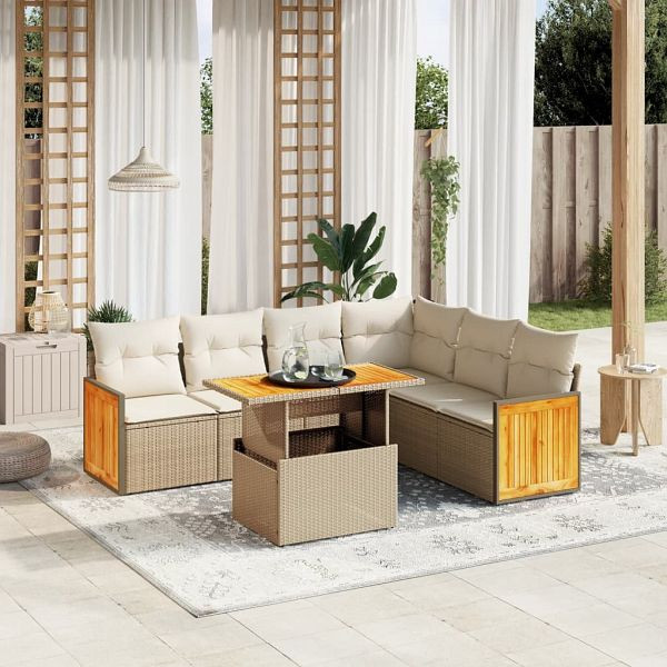 vidaXL 7-teilig Garten-Sofagarnitur mit Kissen Beige Poly Rattan, 3273977