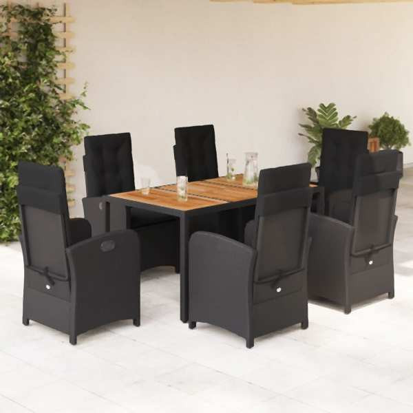 vidaXL 7-tlg. Garten-Essgruppe mit Kissen Schwarz Poly Rattan, UV-beständig, 3212234