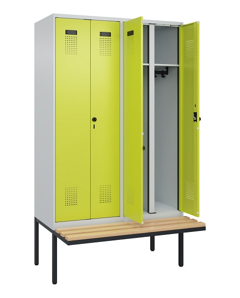 C+P Schwarz-Weiß-Spind Evolo PLUS, Bank, 4 Abteile, 2120x1200x815mm, 7035/0024, Drehriegel, Sitzfläche Holz, 0490427-40 S10015