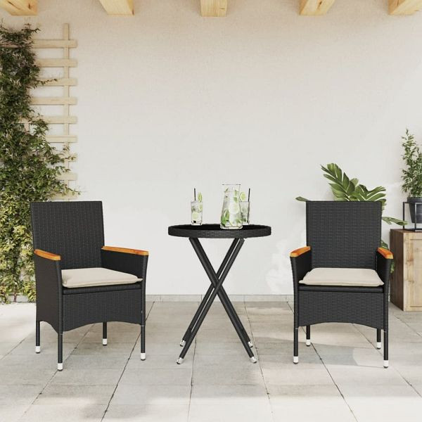 vidaXL 3-teilig Bistro-Set mit Kissen Schwarz Poly Rattan und Glas, 3278753