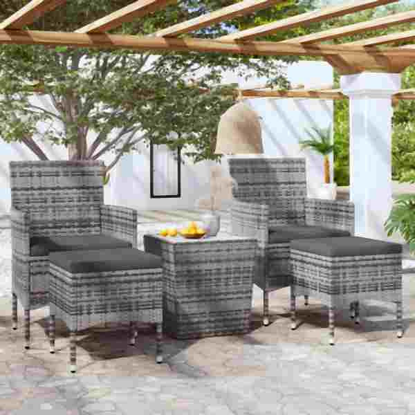 vidaXL 5-tlg. Garten-Bistro-Set Poly Rattan und Hartglas Grau, 3058369