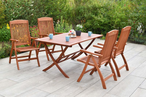 Merxx Maracaibo Set 5-teilig, 4 Maracaibo Klappsessel, Rückenlehne 5-fach verstellbar, 1 Klapptisch, 160 x 90 cm, FSC Eukalyptusholz, 50036-011