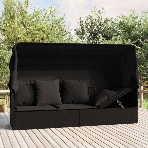 vidaXL Outdoor-Loungebett mit Dach und Kissen Schwarz Poly Rattan, 319569