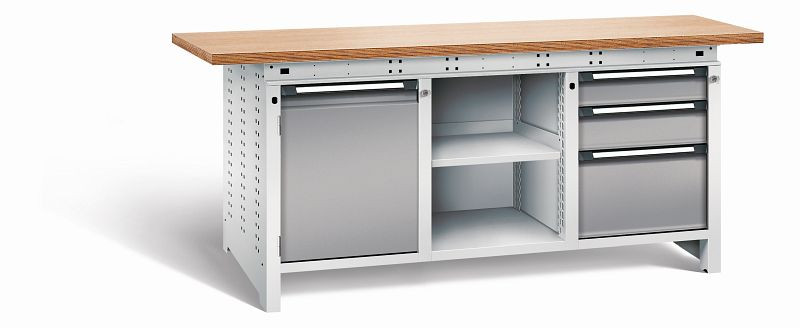 Otto Kind Werkbank Serie function Typ 307, Multiplexplatte 40 mm, überstehend, 2x Unterbau + mittleres Feld, Gehäuse RAL 7035, Front RAL 7037, 072362267