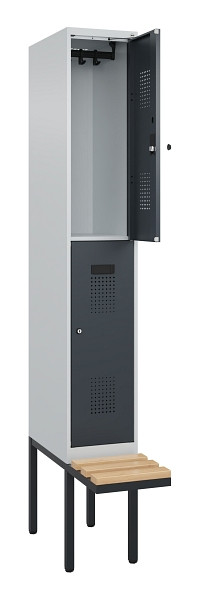 C+P Doppelstock-Spind Evolo PLUS, Bank, 2 Fächer, 2120x300x815mm, 7035/7016, Zylinderschloss, Sitzfläche Buche-Hartholz, 0493407-10 S10039