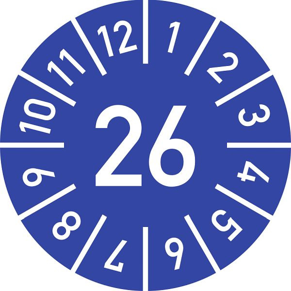 Moedel Prüfplakette Jahr 26 mit Monaten, blau, Folie, Ø 10 mm, VE: 10 Stück/Bogen, 105193