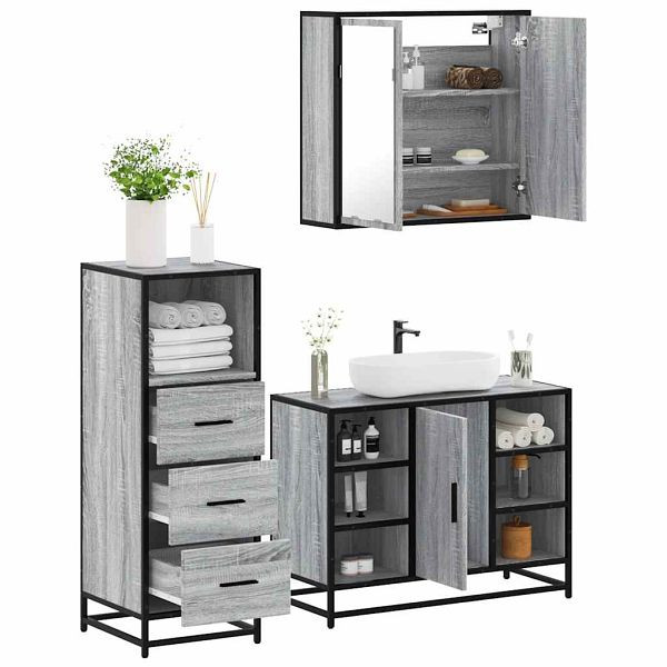 vidaXL 3-tlg. Badmöbel-Set Grau Sonoma Holzwerkstoff, 3301033