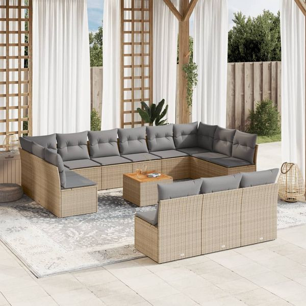 vidaXL 14-teilig Garten-Sofagarnitur mit Kissen Beige Poly Rattan, 3223903