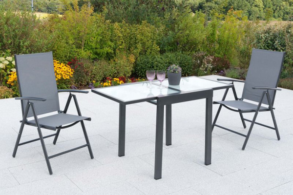 Merxx Amalfi Set 3-teilig, 2 Amalfi Klappsessel, 1 Balkonausziehtisch 65 (130) x 65 cm, matte Glasplatte, Graphit/grau, 51107-309