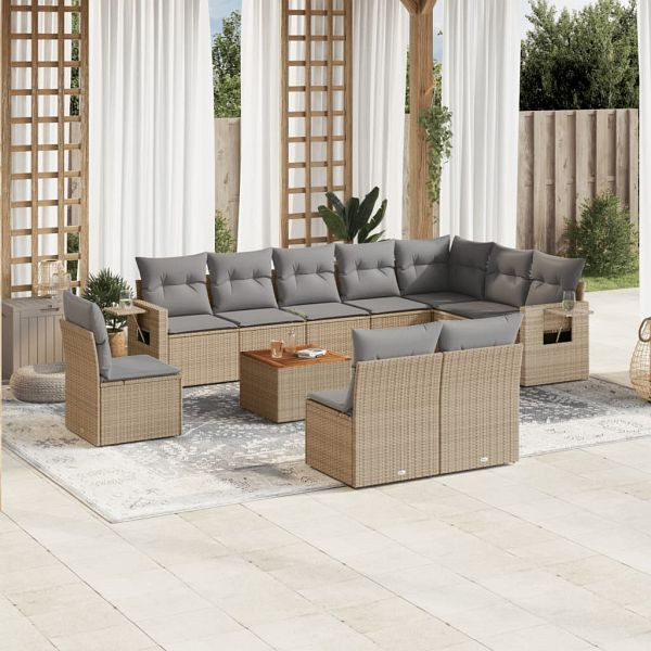 vidaXL 11-teilig Garten-Sofagarnitur mit Kissen Beige Poly Rattan, 3256948